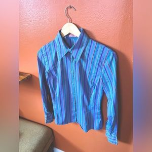 Vintage Thomas Pink Pinstripe Blue Purple Pink Yellow Button Down Top, Size 10